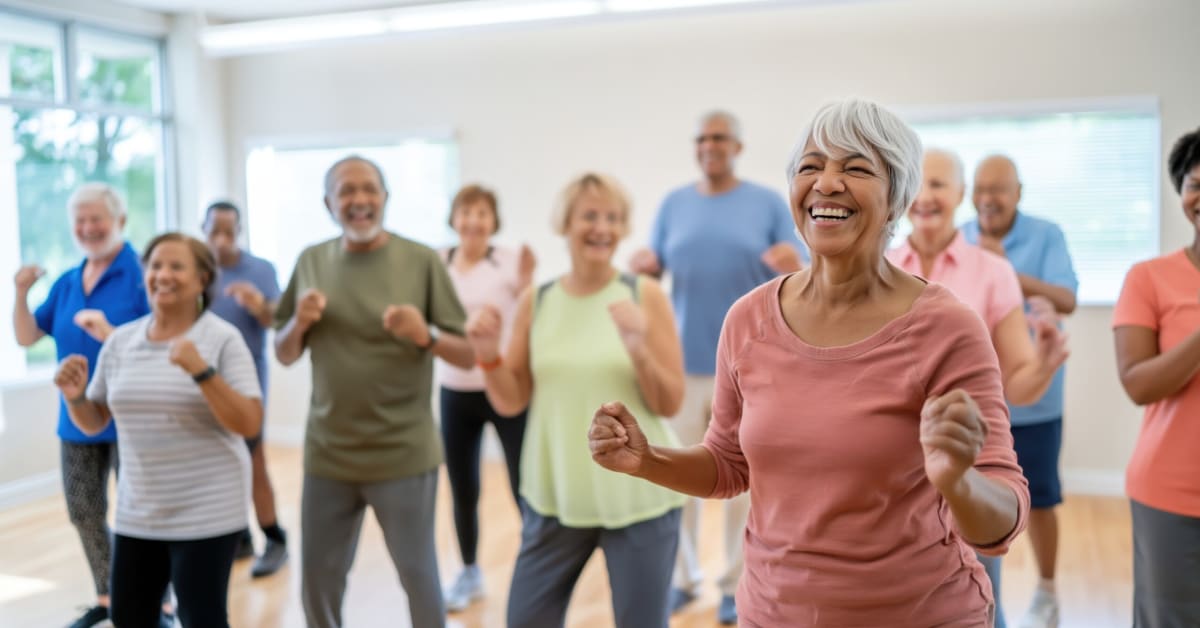 a group of senior citizens exercising in a room a group of senior citizens exercising in a room