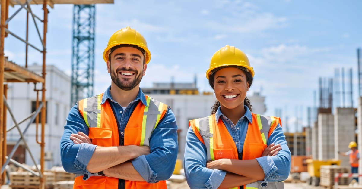 two people in construction vests on construction site two people in construction vests on construction site