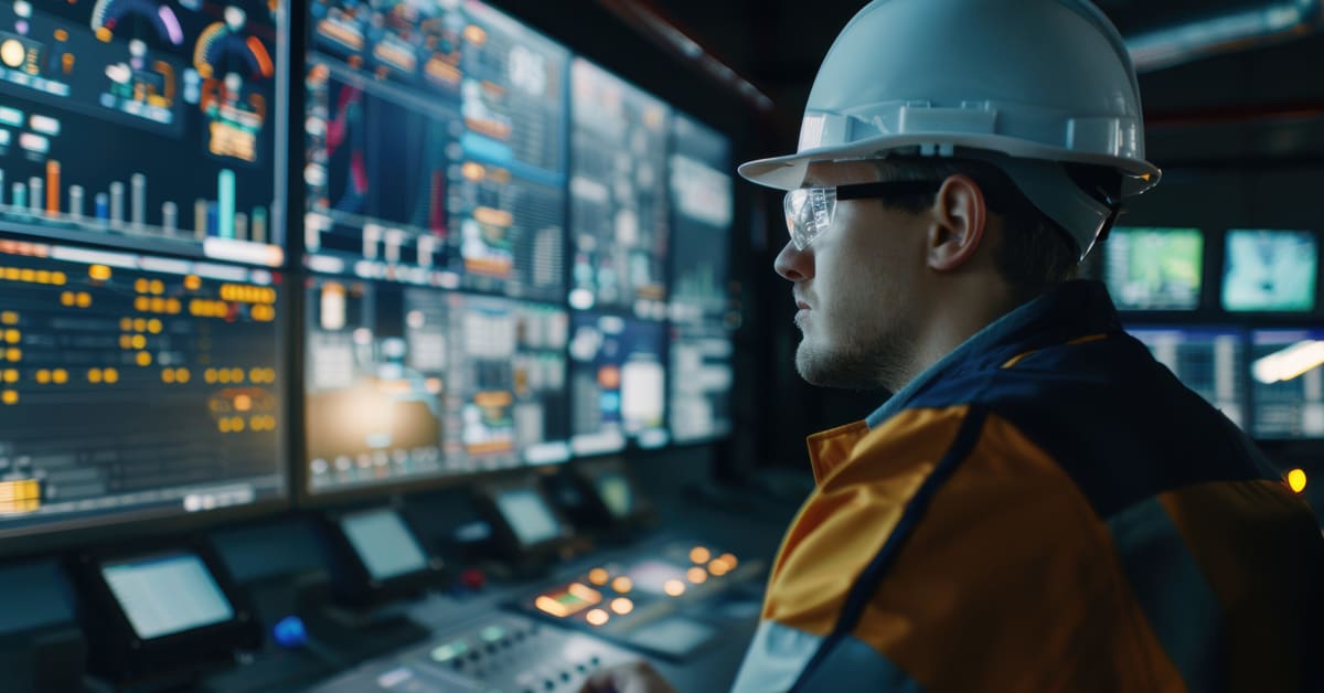 image of construction worker in hard hat at computer monitors image of construction worker in hard hat at computer monitors
