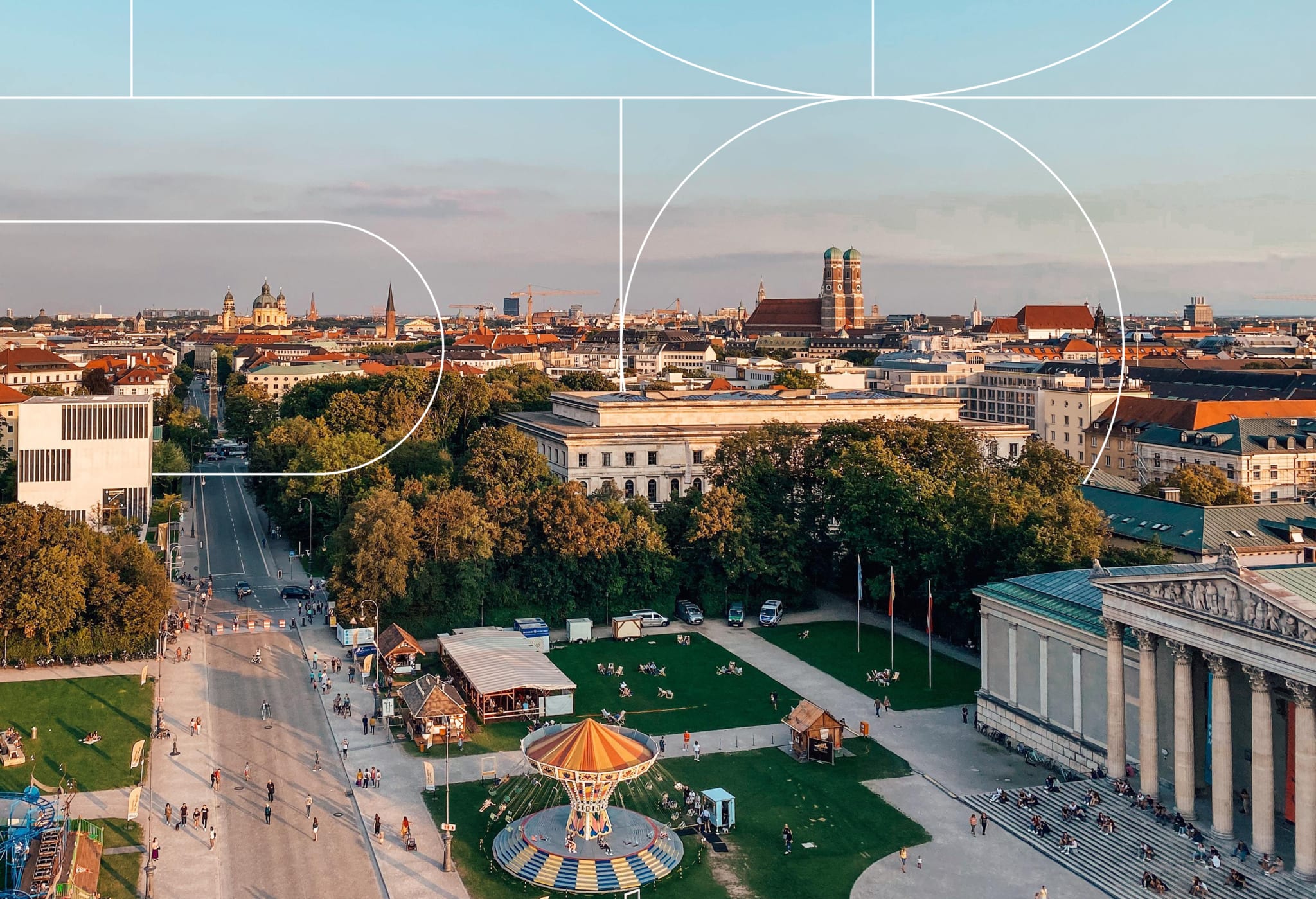 Aerial shot of the center of Munich with Marienkirche in the back