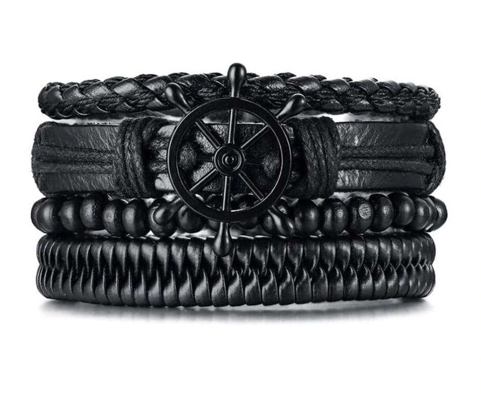 Mens Nautical Wheel Wrist Band Bracelet Set Of 4 Black