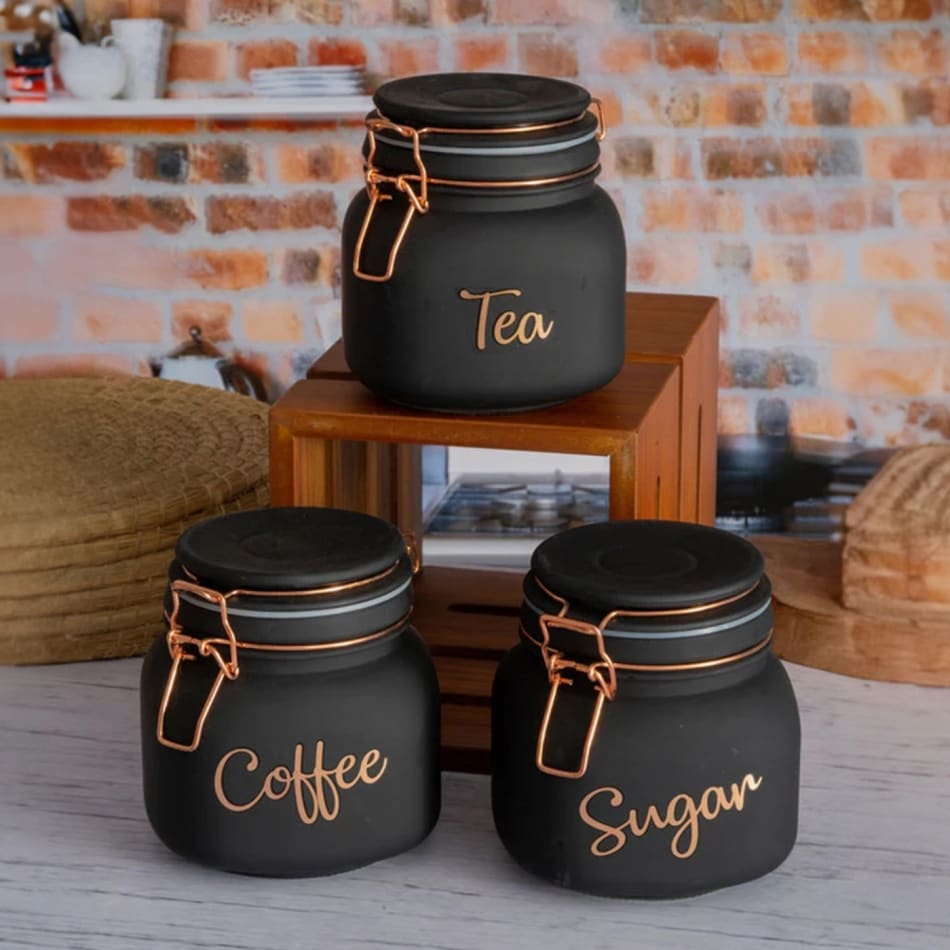 Glass Jars Sugar Canisters Set Tea Coffee Sugar Containers Black