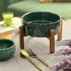 Gift Ceramic Serving Dish With Wooden Stand - Single Piece - Green