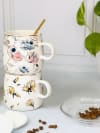 Gift Coffee Mug With Lid And Spoon - Floral Print - Single Piece