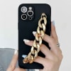 Phone Case With Wrist Strap Chain - Solid Black - Golden - Single Piece Online