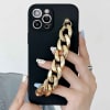 Phone Case With Wrist Strap Chain - Solid Black - Golden - Single Piece Online