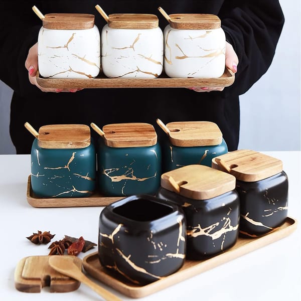 Ceramic Spice Jar With Tray Assorted Set Of 3 PropShop24 JVS1275601