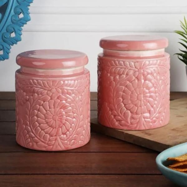 Ceramic Textured Jar - 1L - Single Piece - Pink