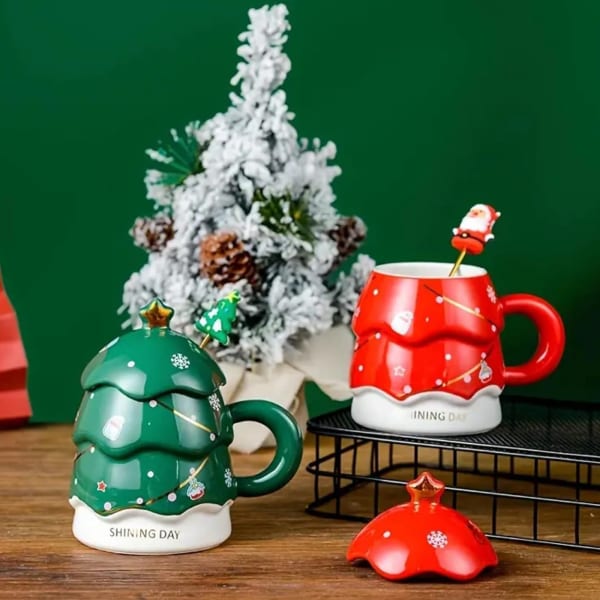 Christmas Tree Mug With Cover And Stirrer - Assorted - Single Piece