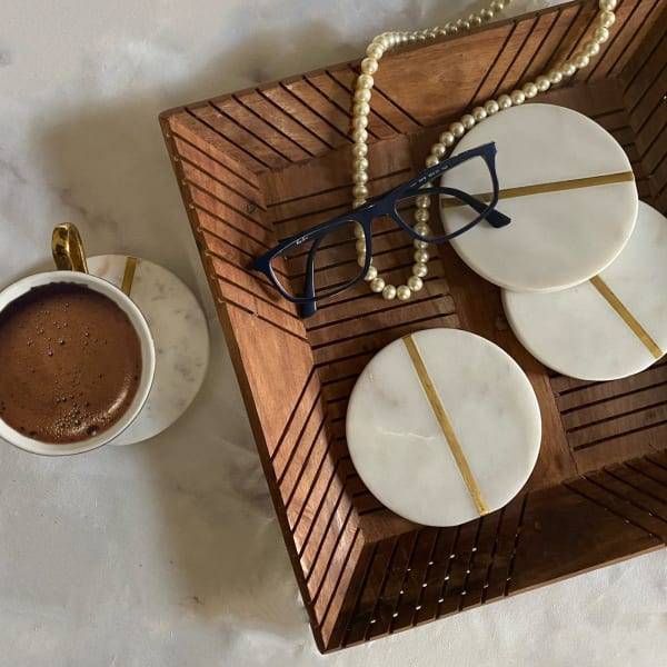Coasters Marble Round White Brass Centre - Set Of 4