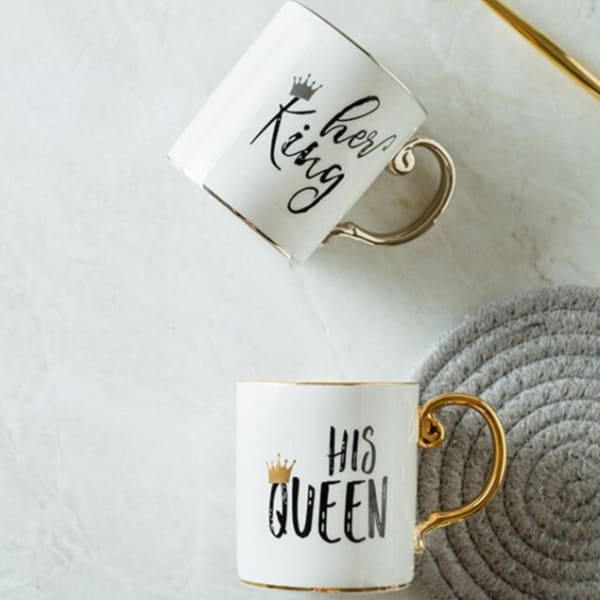 Coffee Mug - King And Queen - White And Gold - Ceramic - Set Of 2