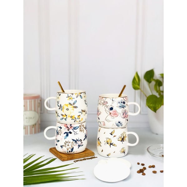 Coffee Mug With Lid And Spoon - Floral Print - Single Piece