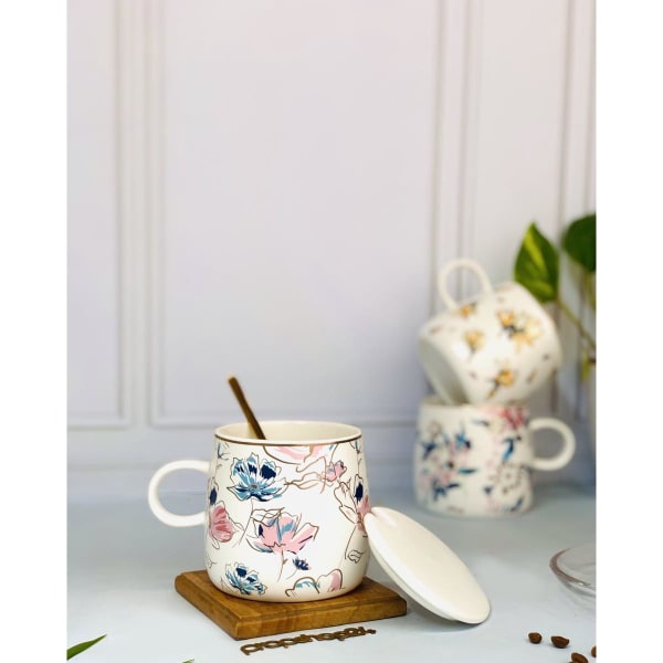 Coffee Mug With Lid And Spoon - Floral Print - Single Piece