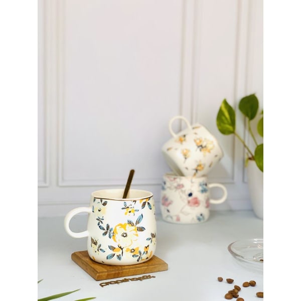 Coffee Mug With Lid And Spoon - Floral Print - Single Piece