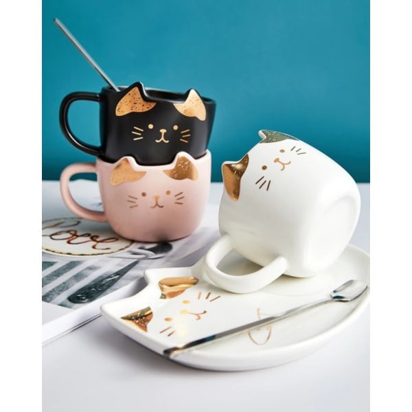 Coffee Mug With Saucer - Cat - Gold Foil - Ceramic - Single Piece