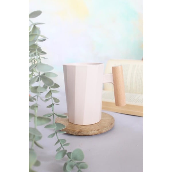 Coffee Mug With Wooden Handle - Pastel - Wheat Straw - Single Piece