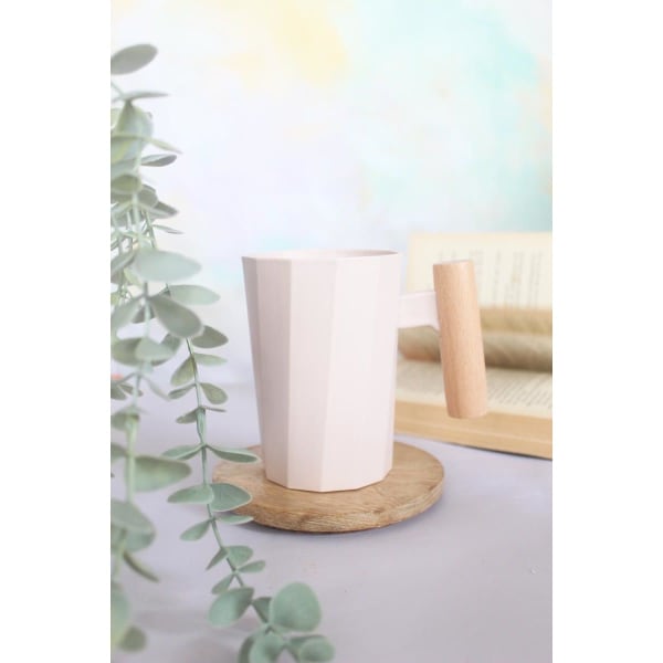 Coffee Mug With Wooden Handle - Pastel - Wheat Straw - Single Piece