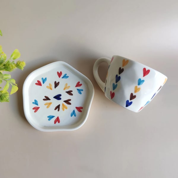 Cup And Saucer - Heart Print - Assorted - Single Piece