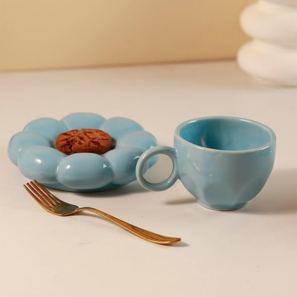 Cup With Flower Shaped Saucer - Single Piece - Blue