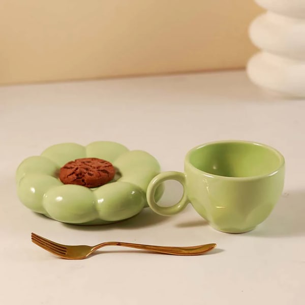 Cup With Flower Shaped Saucer - Single Piece - Green