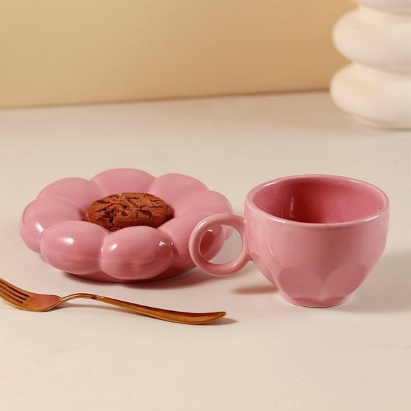 Cup With Flower Shaped Saucer - Single Piece - Pink