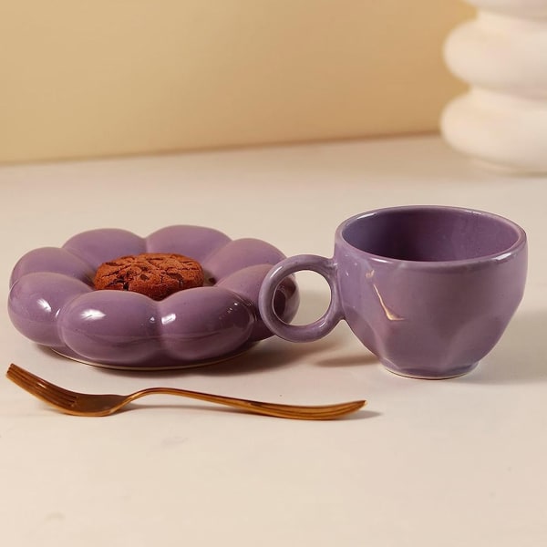 Cup With Flower Shaped Saucer - Single Piece - Purple