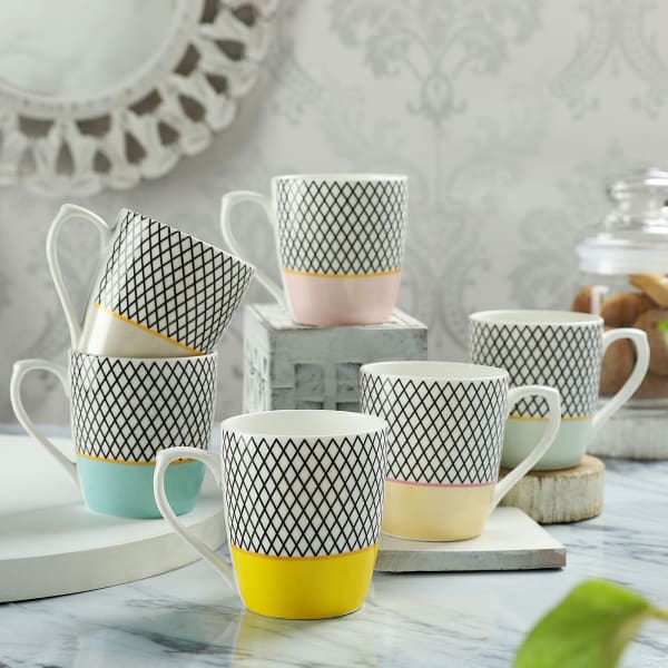 Diamond Grid Pattern Ceramic Mugs (Set of 6)