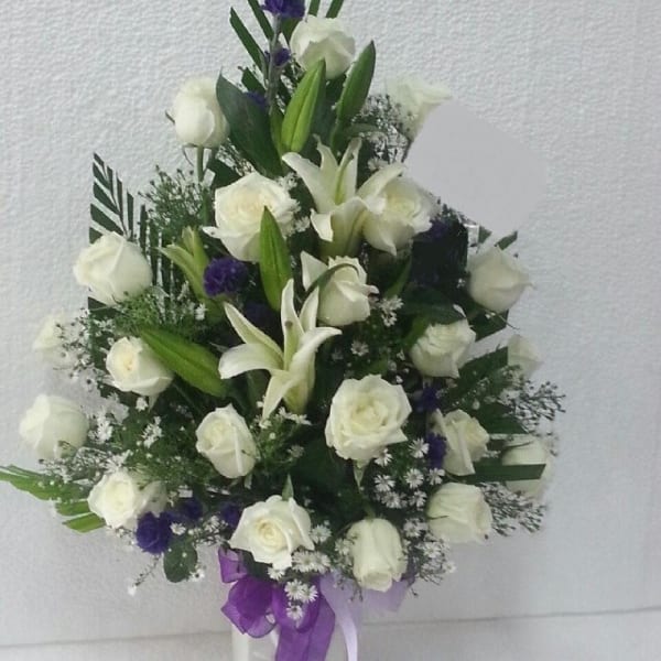 Funeral Spray arrangement with ribbon