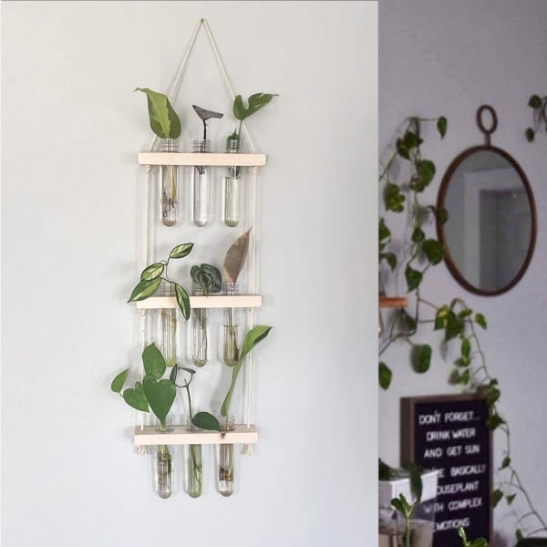 Hanging Planter - Glass Tubes - Wooden - Single Piece