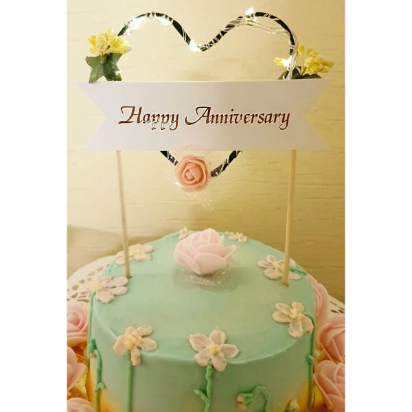 LED Cake Topper With Rose Gold Foiling - Happy Anniversary - Heart Floral