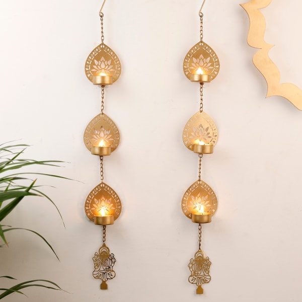 Lotus With Ganesha Wall Hanging - Tea Light Holder With Candle - Set Of 2