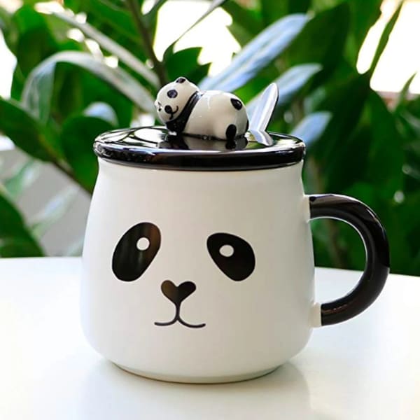 Panda Coffee Mug With Lid And Spoon - White And Black