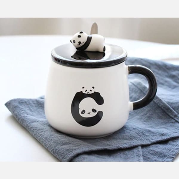 Panda Coffee Mug With Lid And Spoon - White And Black