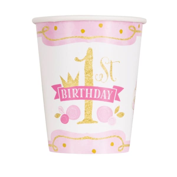 Paper Cups - First Birthday - Pink And Gold - Set Of 8