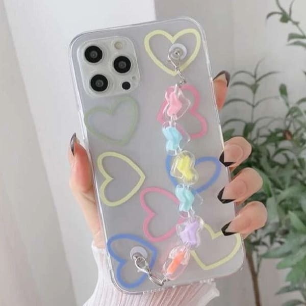 Phone Case With Wrist Strap Chain - Big Hearts - Multicolor - Single Piece