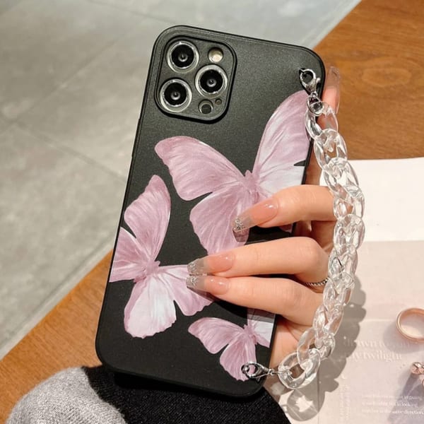 Phone Case With Wrist Strap Chain - Butterfly Print - Black - Single Piece