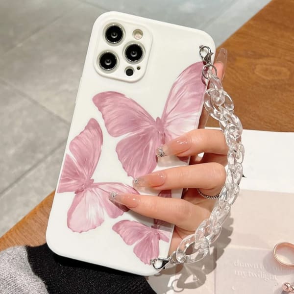 Phone Case With Wrist Strap Chain - Butterfly Print - White - Single Piece