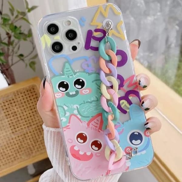 Phone Case With Wrist Strap Chain - Cute Cartoon - Multicolor - Single Piece