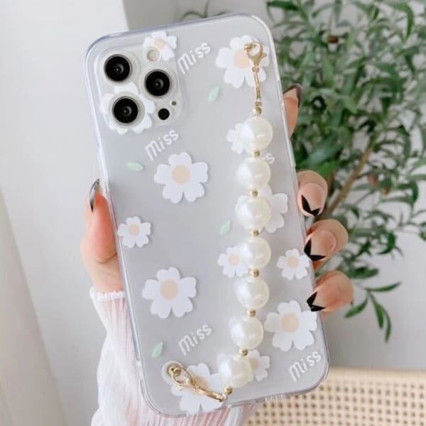 Phone case With Wrist Strap Chain - Daisy - Pearls - Single Piece
