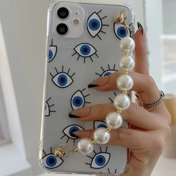 Phone case With Wrist Strap Chain - Evil Eye - Pearls - Single Piece