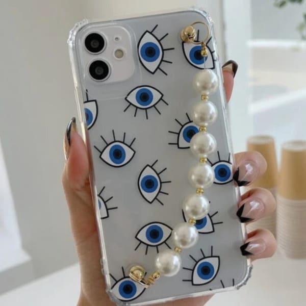 Phone case With Wrist Strap Chain - Evil Eye - Pearls - Single Piece