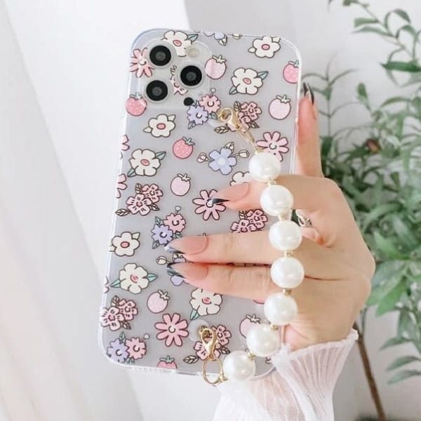 Phone Case With Wrist Strap Chain - Floral - Faux Pearls - Single Piece