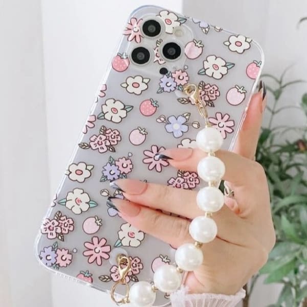 Phone Case With Wrist Strap Chain - Floral - Faux Pearls - Single Piece