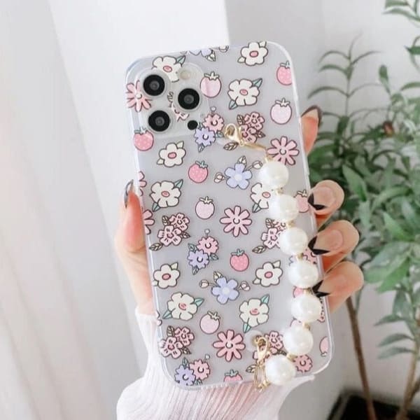 Phone Case With Wrist Strap Chain - Floral - Faux Pearls - Single Piece