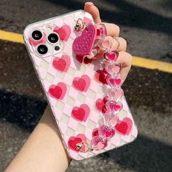 Phone Case With Wrist Strap Chain - Geometric - Pink Hearts - Single Piece