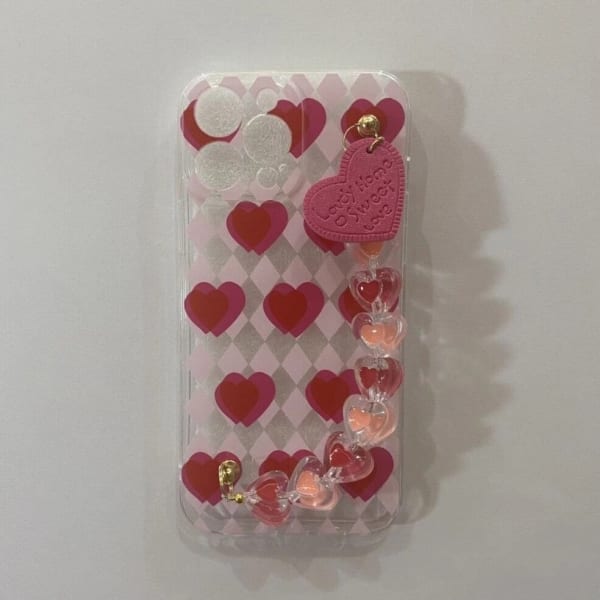 Phone Case With Wrist Strap Chain - Geometric - Pink Hearts - Single Piece