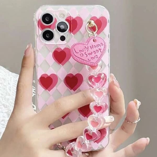 Phone Case With Wrist Strap Chain - Geometric - Pink Hearts - Single Piece