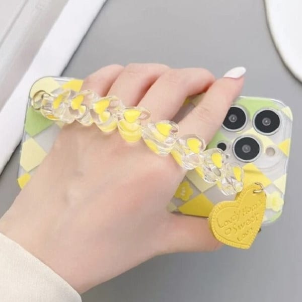 Phone Case With Wrist Strap Chain - Geometric - Yellow Hearts - Single Piece