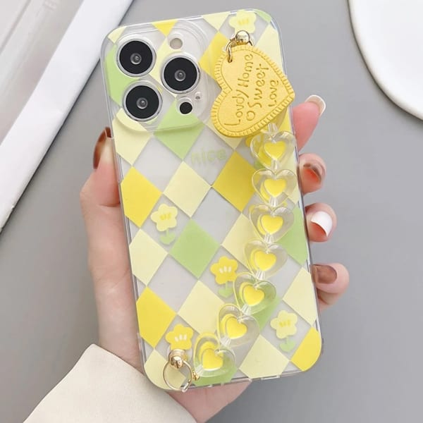 Phone Case With Wrist Strap Chain - Geometric - Yellow Hearts - Single Piece