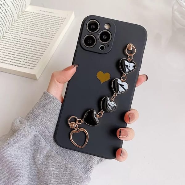 Phone Case With Wrist Strap Chain - Heart Prints - Black - Single Piece